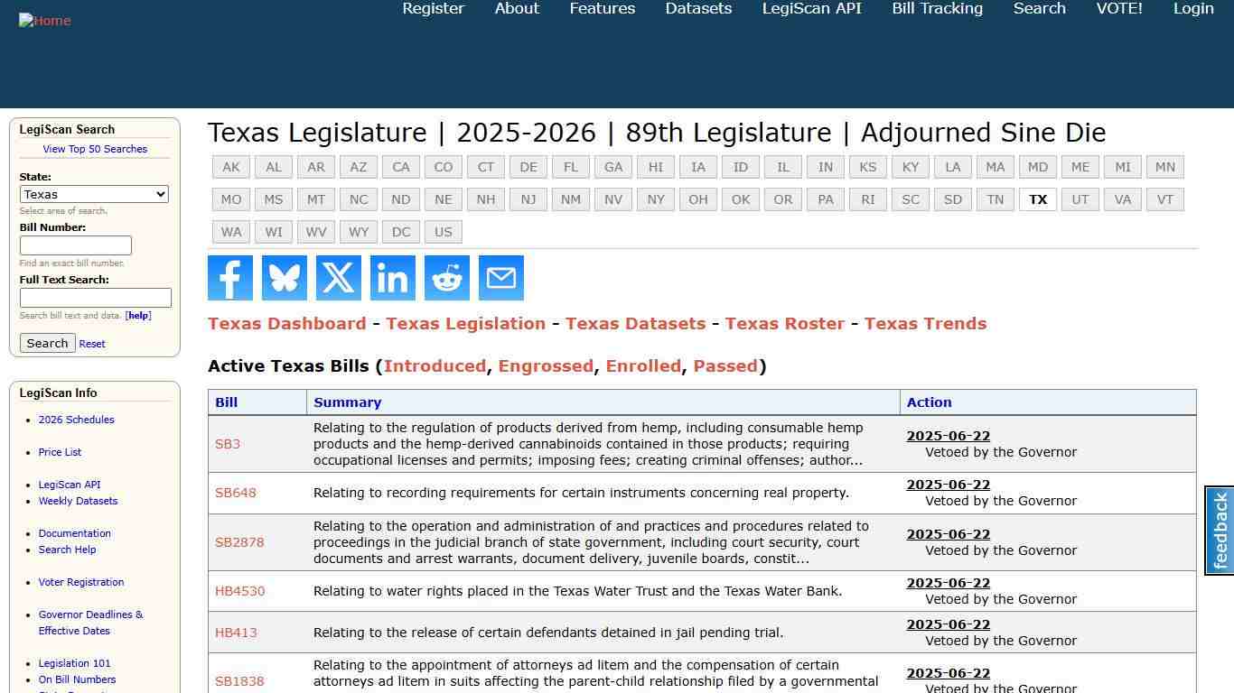Texas Legislature 2025-2026 89th Legislature Adjourned Sine Die LegiScan
