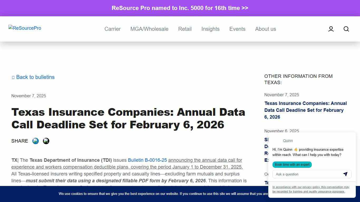 Texas Insurance Companies: Annual Data Call Deadline Set for February 6, 2026 - ReSource Pro